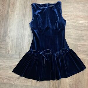 ZARA Velvet Drop‎ Waist Bow Edwardian Dress Womens Small Blue Coquette Ballet